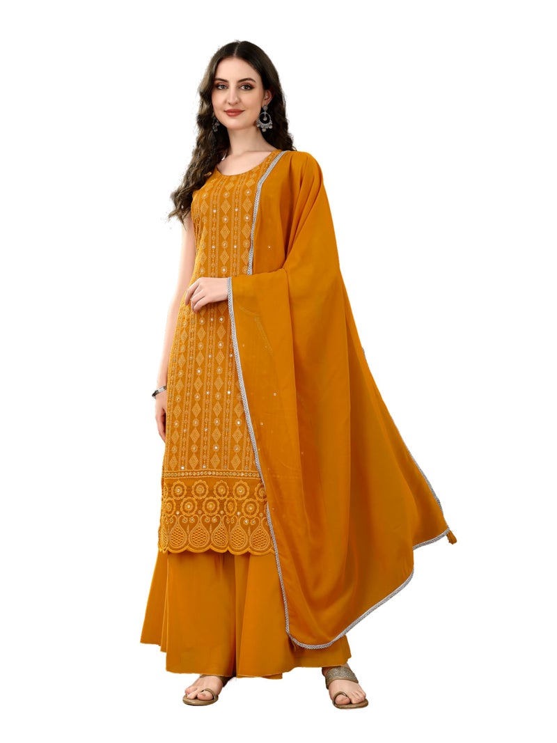 SHOPPING QUEEN Women's Georgette Embroidered Kurta Palazzo with Dupatta (A549_Gold Mustard_2XL) - Image 1