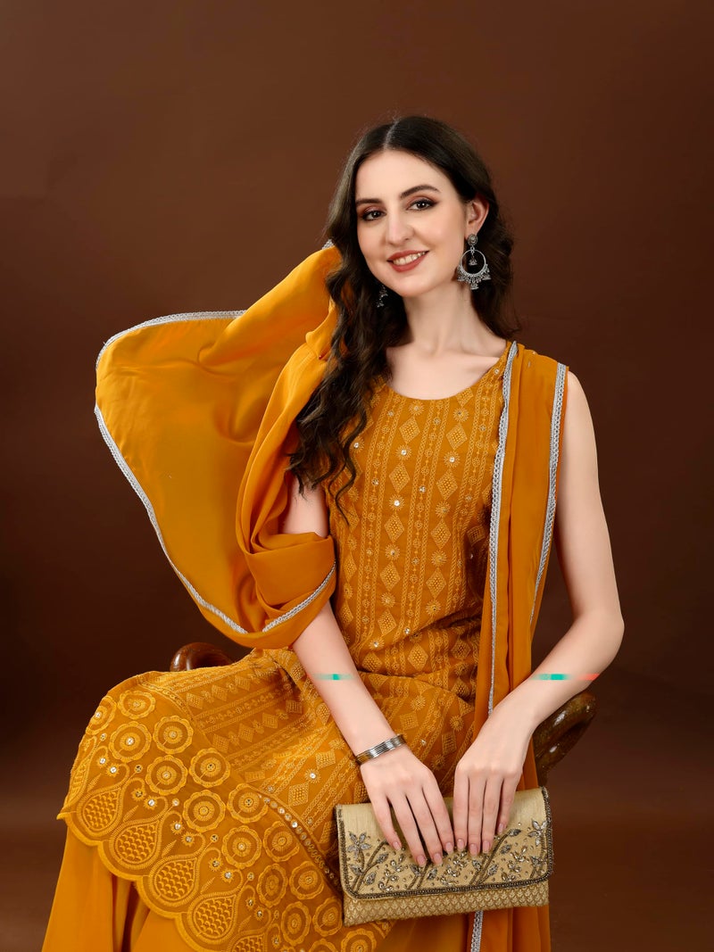 SHOPPING QUEEN Women's Georgette Embroidered Kurta Palazzo with Dupatta (A549_Gold Mustard_2XL) - Image 4