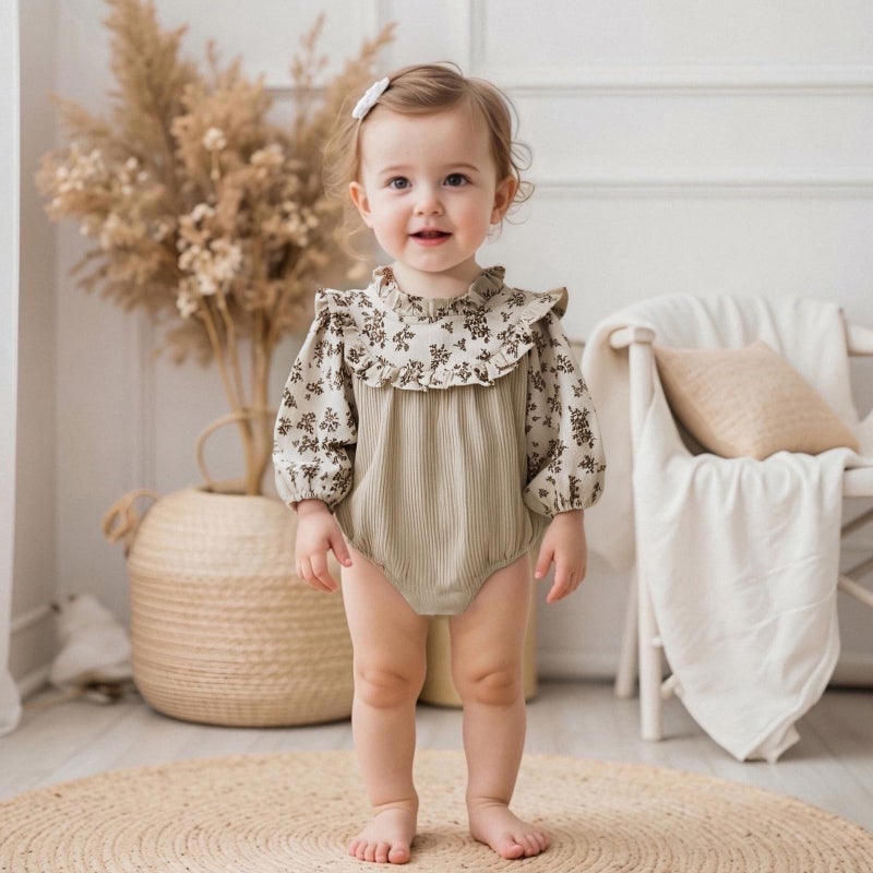 XRTBMN Infant Baby Girl Floral Romper Long Sleeve Turtle Neck Ruffled Bodysuit Fall Clothes Newborn Coming Home Outfit (Khaki, 6-9 Months) - Image 2