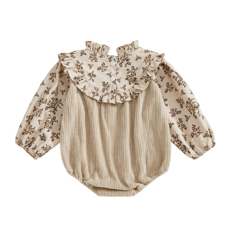 XRTBMN Infant Baby Girl Floral Romper Long Sleeve Turtle Neck Ruffled Bodysuit Fall Clothes Newborn Coming Home Outfit (Khaki, 6-9 Months) - Image 4