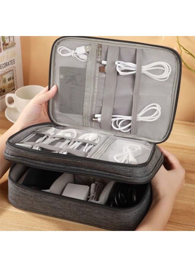 Multifunctional Digital Storage Bag Data Cable Charging Treasure Mobile Hard Disk U Disk Travel Storage Partition Accessories Universal-Capacity:Large Size [black Double Layer] 25*19*10-Interface:Thickened [cationic 300d] Double Layer And Three Layers With Velcro Partitions  - Image 2