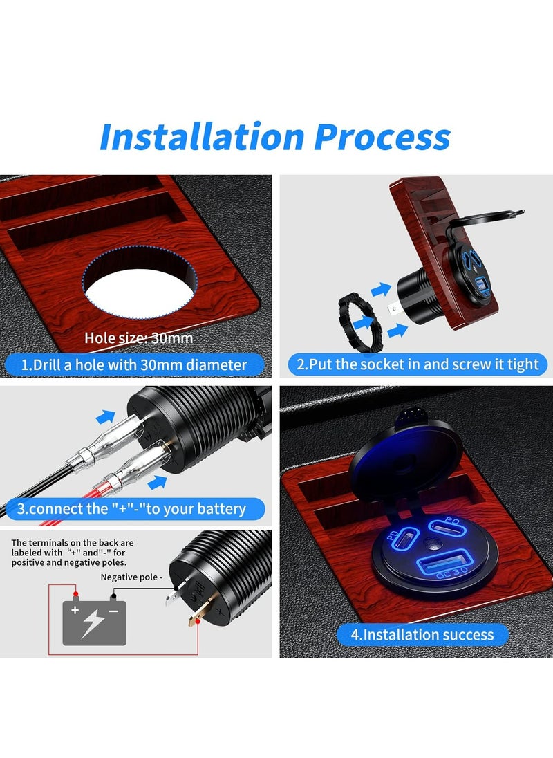أوزيغالور 2 شاحن USB سلكي متعدد المنافذ بجهد 12 فولت 12 فولت، منفذ USB سلكي، مزدوج PD3.0 و QC 3.0، مع مفتاح طاقة  - Image 2