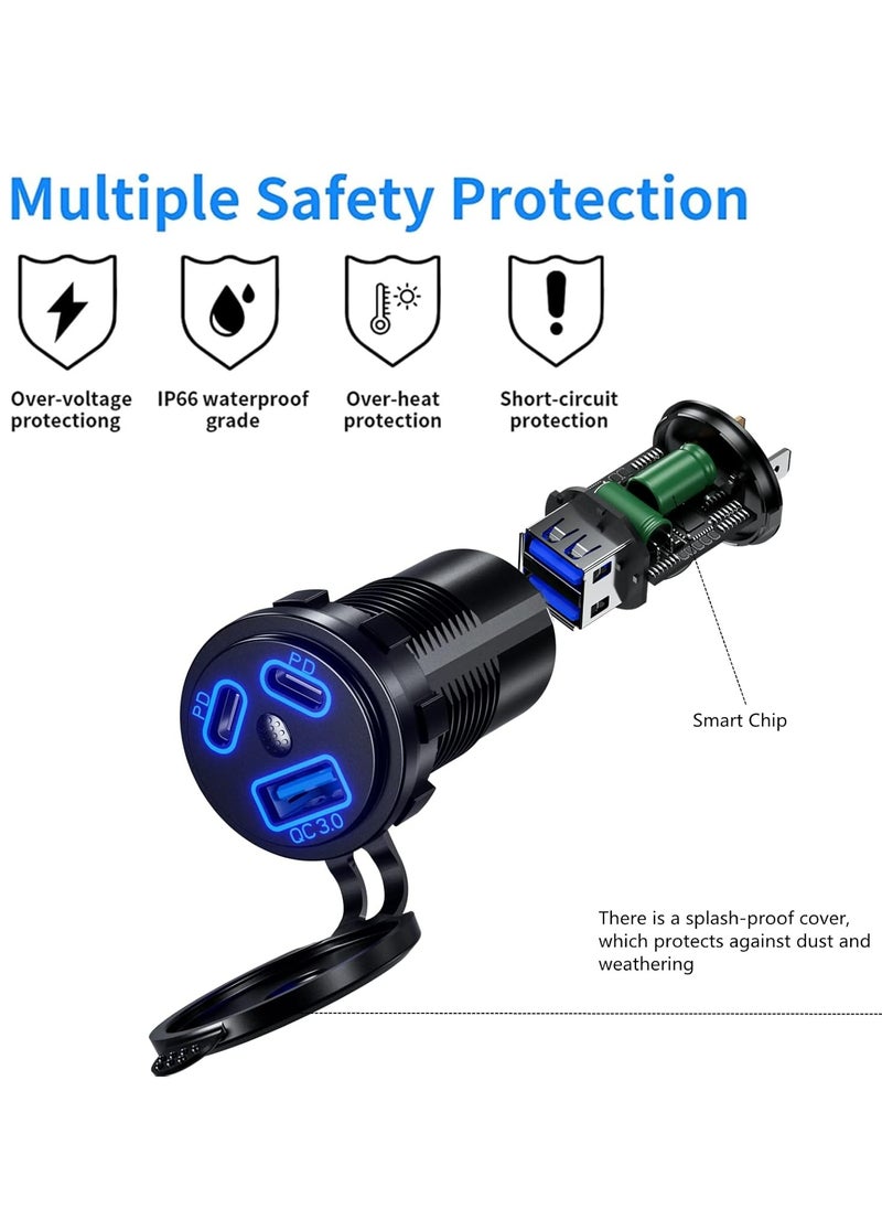 أوزيغالور 2 شاحن USB سلكي متعدد المنافذ بجهد 12 فولت 12 فولت، منفذ USB سلكي، مزدوج PD3.0 و QC 3.0، مع مفتاح طاقة  - Image 5