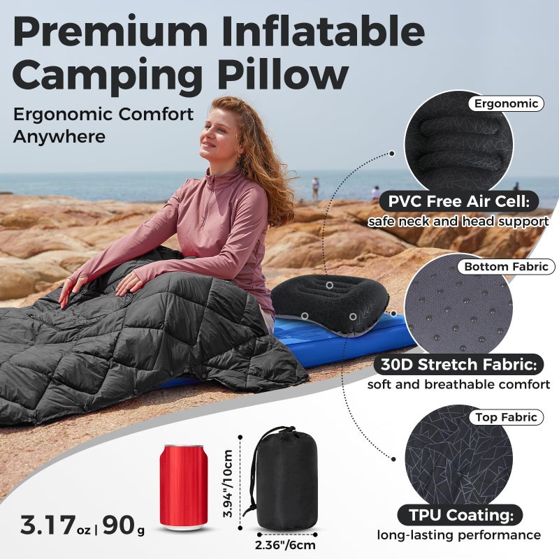 ATEPA Inflatable Camping Pillow, Ultralight Waterproof Travel Pillow with Ergonomic Support & Leak-Proof Air Valve, Compact Portable Pillow for Hiking Backpacking Tent Airplane Beach, Black - Image 2