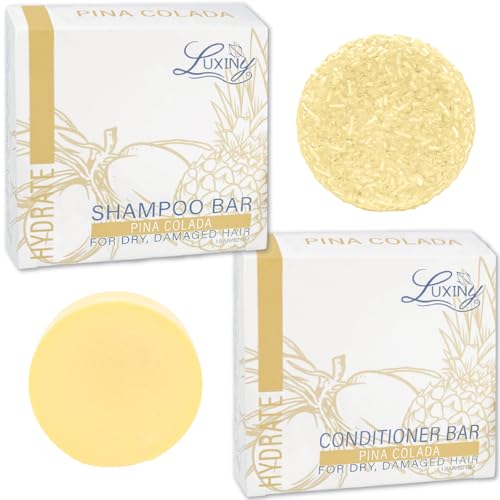 Luxiny Pina Colada Shampoo and Conditioner Bar Set - Sulfate-Free Shampoo Bar (60g) & Deep Conditioner Bar (50g) for Normal to Dry Hair, Made in USA - Image 1