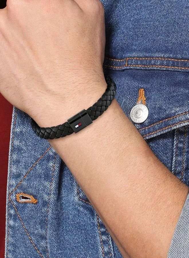 TOMMY HILFIGER Mens Braided Leather Bracelet Black - 2790331