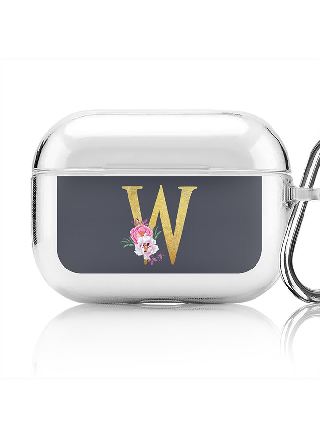 Stylizedd Classic Clear printed Case for Apple AirPods Pro 2nd Generation Thin Transparent Cover - Custom Monogram Initial Letter Floral Pattern Alphabet - W (Grey ) - Image 1