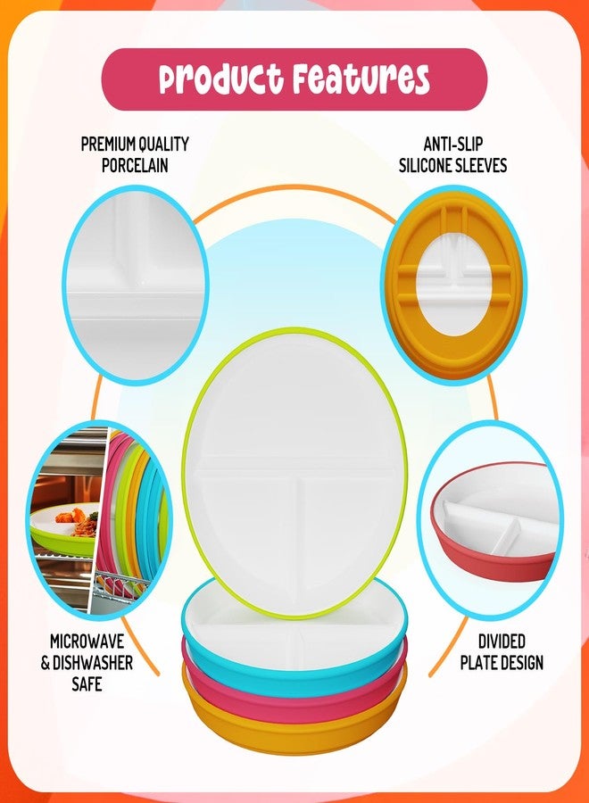Jayour Kids Porcelain Plates with Anti-Slip Silicone Sleeves | Microwave & Dishwasher Safe | Premium Divided Toddler Plates for Eating | Perfect for Toddlers & Kids - Image 4