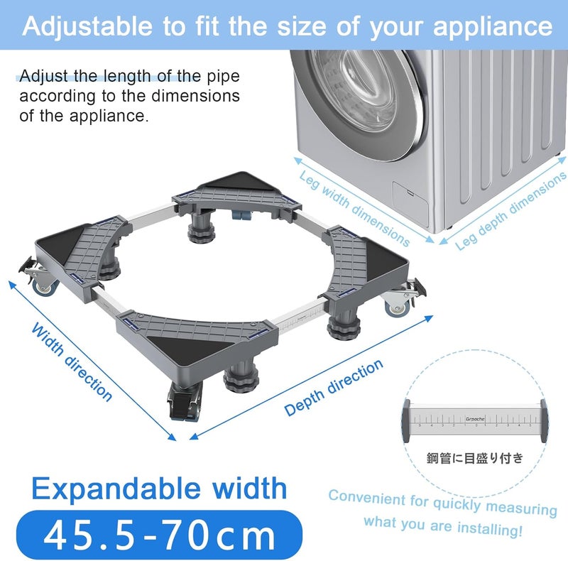 Grpoche Washing Machine Base with 4 Feet and 8 Lockable Wheels, Movable Washing Machine Base Pedestals & Frame for Washing Machine, Dryer, Fridge (Grey, Adjustable: 45.5-70 cm) - Image 2