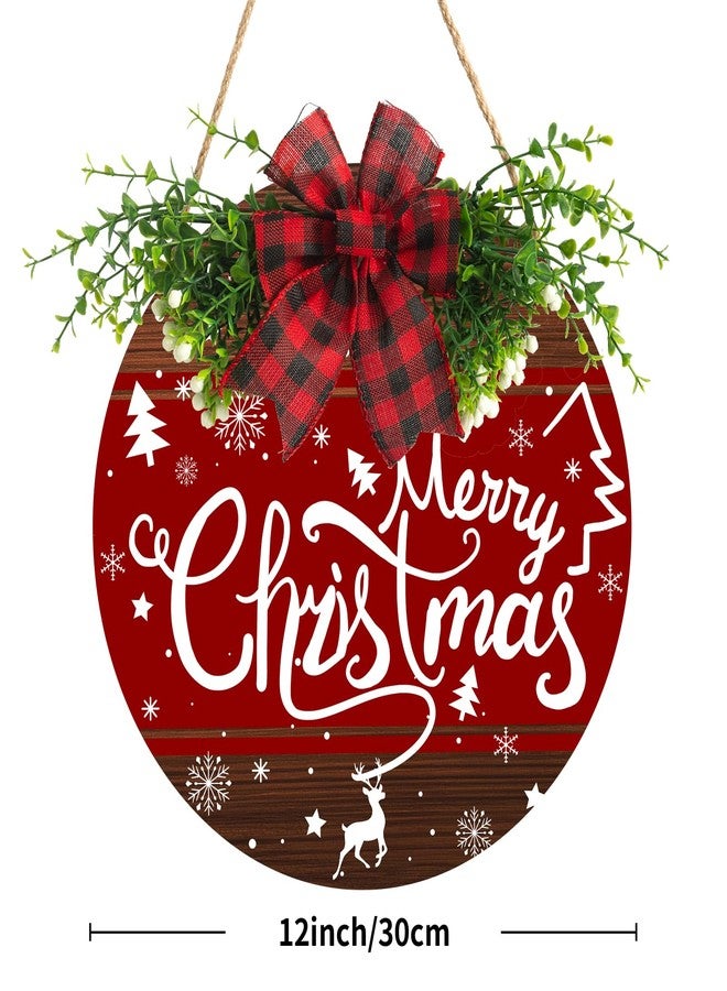 Harooni Merry Christmas Sign Wreath for Front Door Decor 12x12 in Christma Tree Welcome Sign Hanging Door Decoration Xmas ELK Holiday Welcome Sign for Home Farmhouse Porch Wall Indoor Outdoor - Image 2