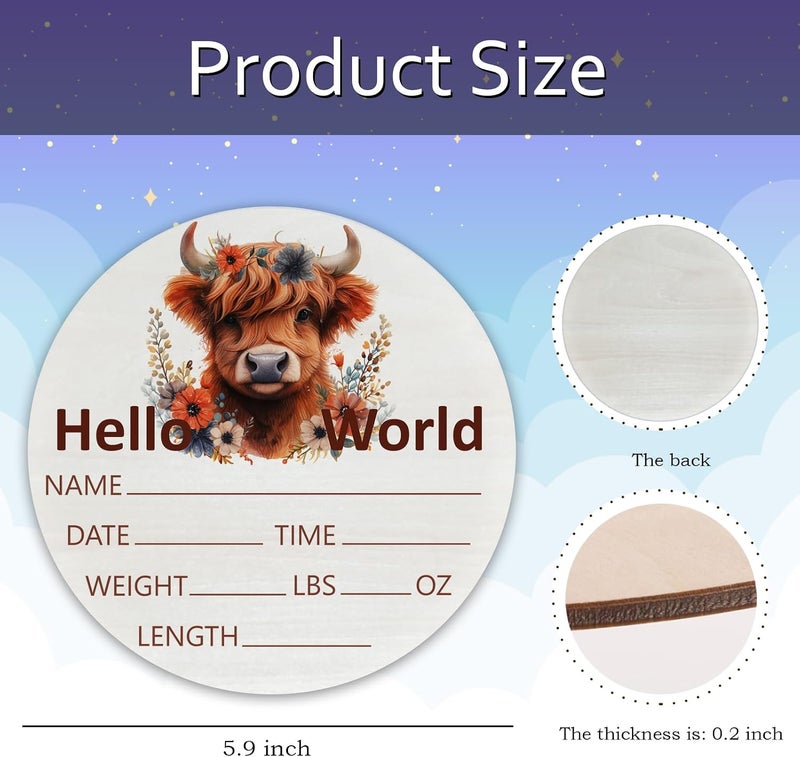 Al Raied ARS® Highland Cow Baby Announcement Sign, Wooden Nursery Name Plaque 6in - Image 3