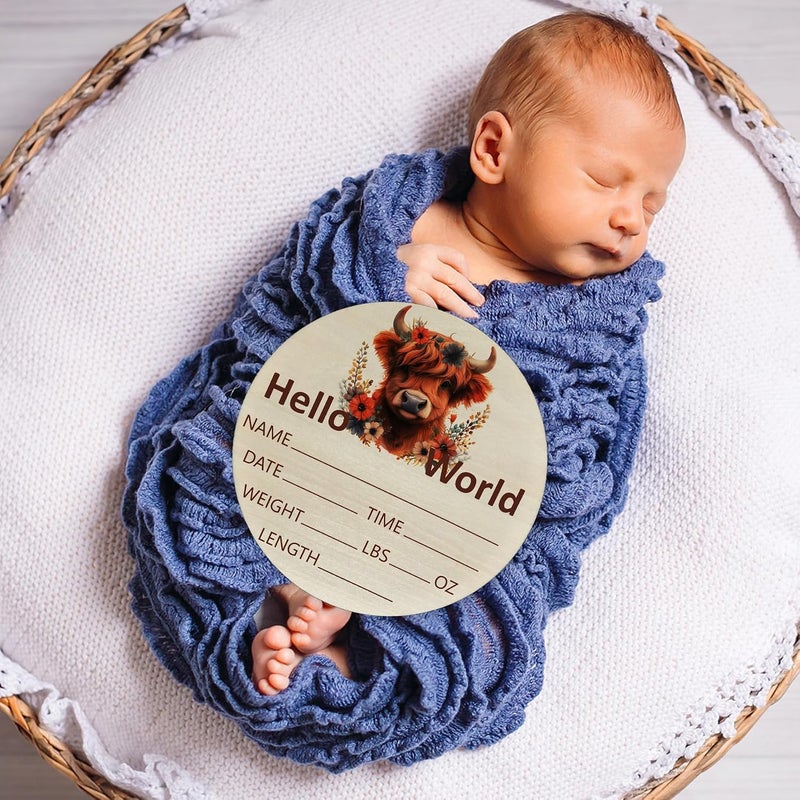 Al Raied ARS® Highland Cow Baby Announcement Sign, Wooden Nursery Name Plaque 6in - Image 5