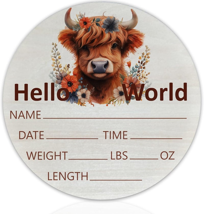 Al Raied ARS® Highland Cow Baby Announcement Sign, Wooden Nursery Name Plaque 6in - Image 1