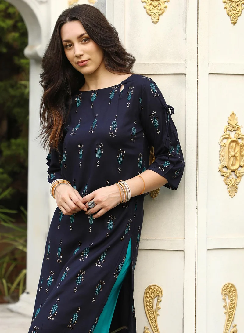 QISSA Women's Midnight Black Floral Block Print Kurta With Turquioise Blue Palazzo Set