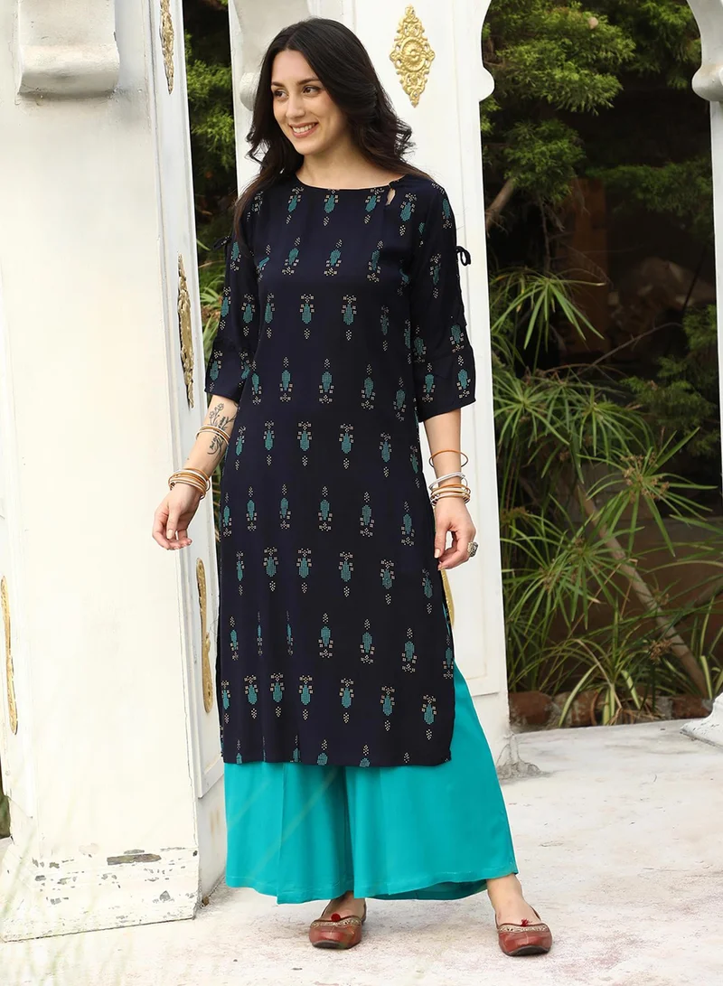 QISSA Women's Midnight Black Floral Block Print Kurta With Turquioise Blue Palazzo Set