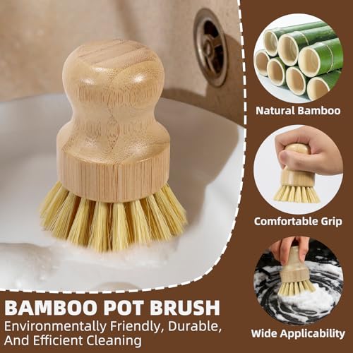 SAMEBUTECO 6-Piece Bamboo Dish Brush Set with 2X Fast-Dry Stainless Steel Holder,3xNatural Sisal Bristle Brush & 1xPalm Bristle Kitchen Cleaning Brushes for Dishes, Pots, Pans & Sink - Image 4
