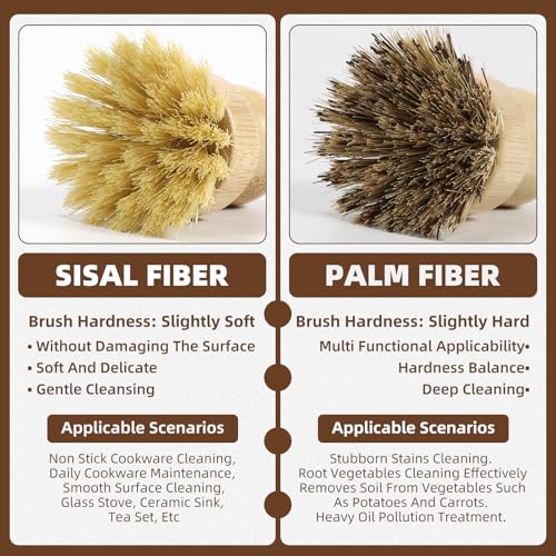 SAMEBUTECO 6-Piece Bamboo Dish Brush Set with 2X Fast-Dry Stainless Steel Holder,3xNatural Sisal Bristle Brush & 1xPalm Bristle Kitchen Cleaning Brushes for Dishes, Pots, Pans & Sink - Image 3