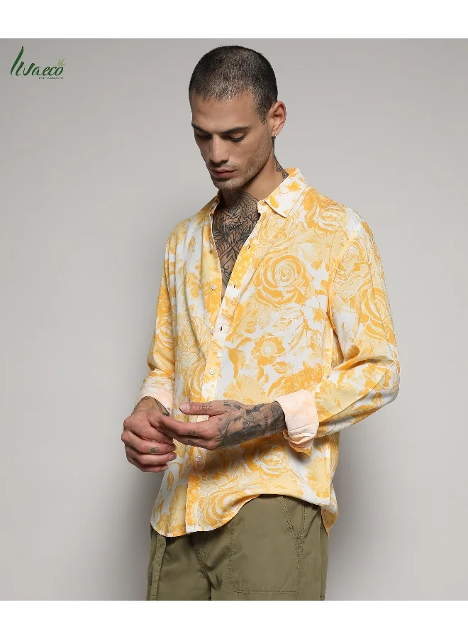 Campus Sutra Men's EcoLiva Yellow Contrast Botanical Shirt