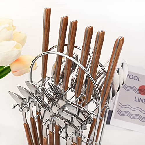 Snplowum Silverware Set, 24 Piece Mirror Flatware Set With Stand, Stainless Steel Utensils With Wooden Handle, A Complete Cutlery Set For Most Families, Service For 6 - Image 3