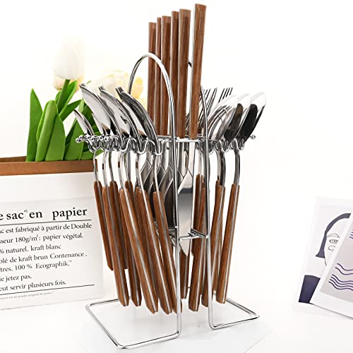Snplowum Silverware Set, 24 Piece Mirror Flatware Set With Stand, Stainless Steel Utensils With Wooden Handle, A Complete Cutlery Set For Most Families, Service For 6 - Image 2