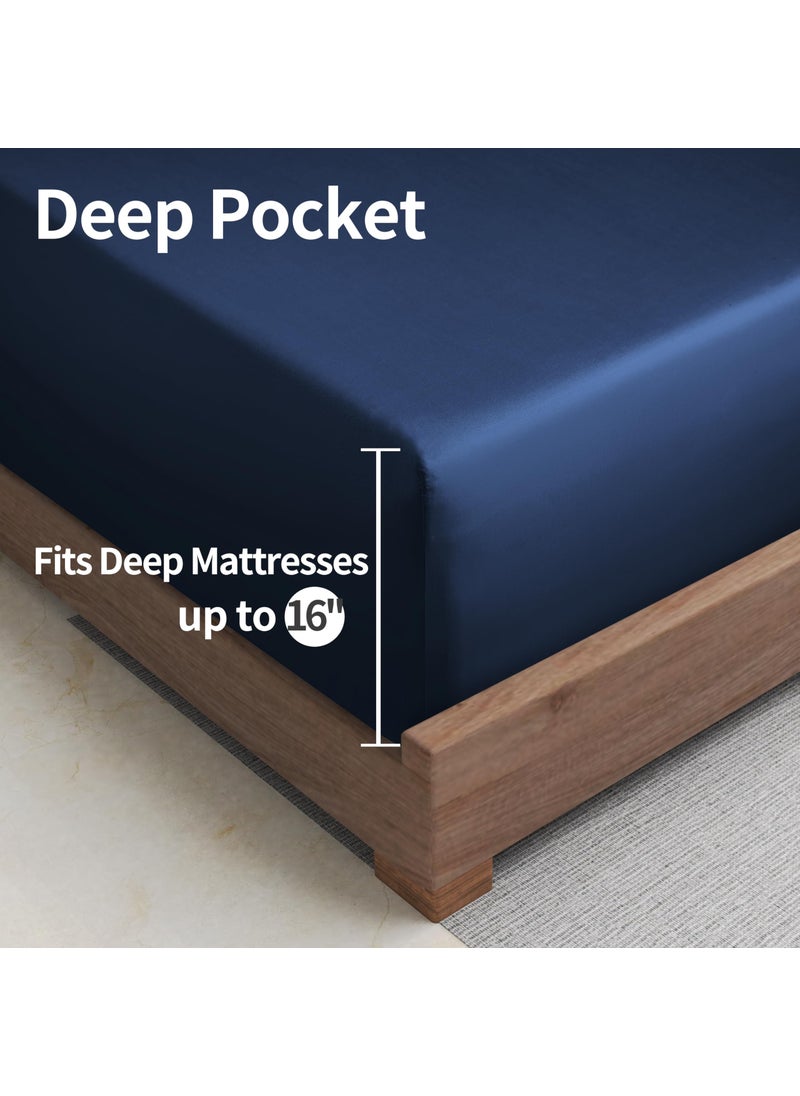 Zaizaihome 2 Pack Bamboo Viscose Cooling Fitted Sheet Twin XL Size Only  400 Thread Count  16"" Deep Pocket Cooling Bottom Sheets for Hot Sleeper  Silky Soft Breathable (Twin XL  Navy Blue  - Image 5