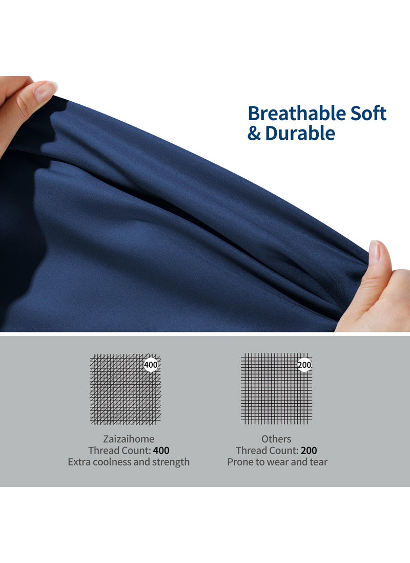 Zaizaihome 2 Pack Bamboo Viscose Cooling Fitted Sheet Twin XL Size Only  400 Thread Count  16"" Deep Pocket Cooling Bottom Sheets for Hot Sleeper  Silky Soft Breathable (Twin XL  Navy Blue  - Image 3