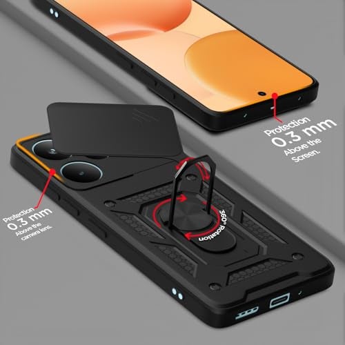 Pikkme Back Cover for Realme P4 Pro 5G | D10 Tough Armor | 360 Protection Case | Sliding Camera Shield Cover & Ring Holder Stand Bumper Case (Black) - Image 4