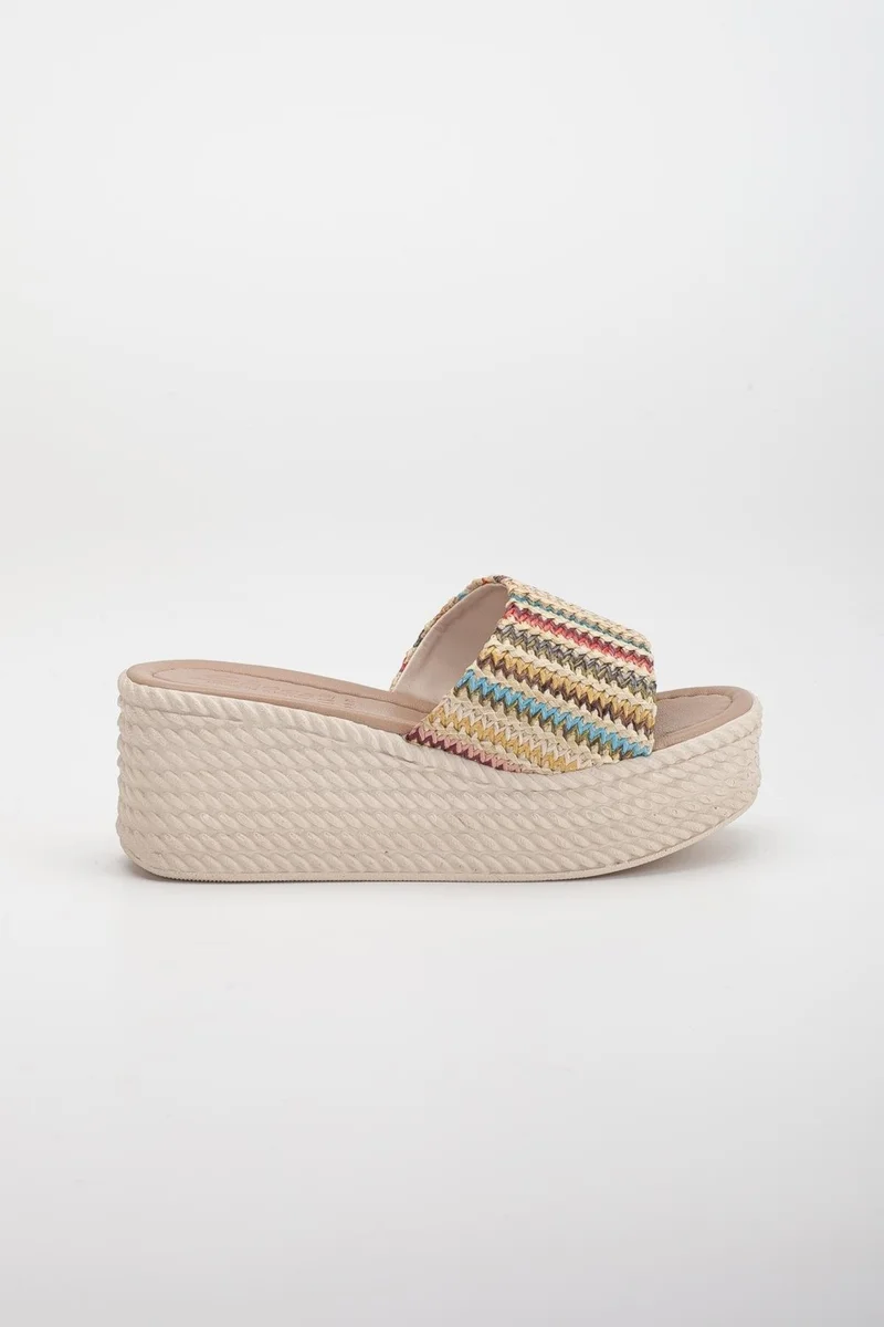 Dilimler Ayakkabı Slices Shoes Straw and Flat Thick Tekbant Nude Women's Wedge Heeled Slippers