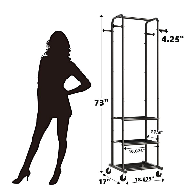 Ekisemio Heavy Duty Clothing Rack with Wheels, Modern Garment Rack with 3 Metal Shelves, Black - Image 3