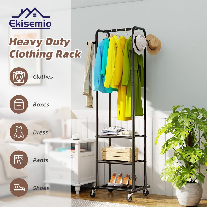 Ekisemio Heavy Duty Clothing Rack with Wheels, Modern Garment Rack with 3 Metal Shelves, Black - Image 4
