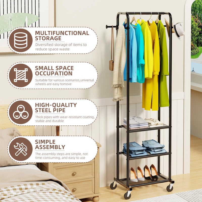 Ekisemio Heavy Duty Clothing Rack with Wheels, Modern Garment Rack with 3 Metal Shelves, Black - Image 5