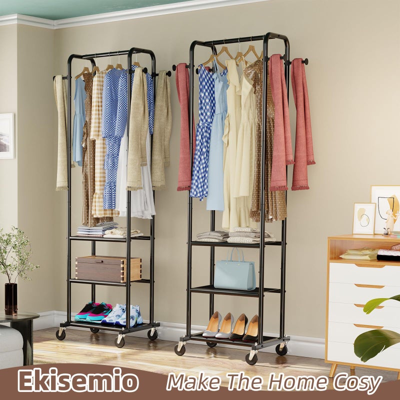 Ekisemio Heavy Duty Clothing Rack with Wheels, Modern Garment Rack with 3 Metal Shelves, Black - Image 2