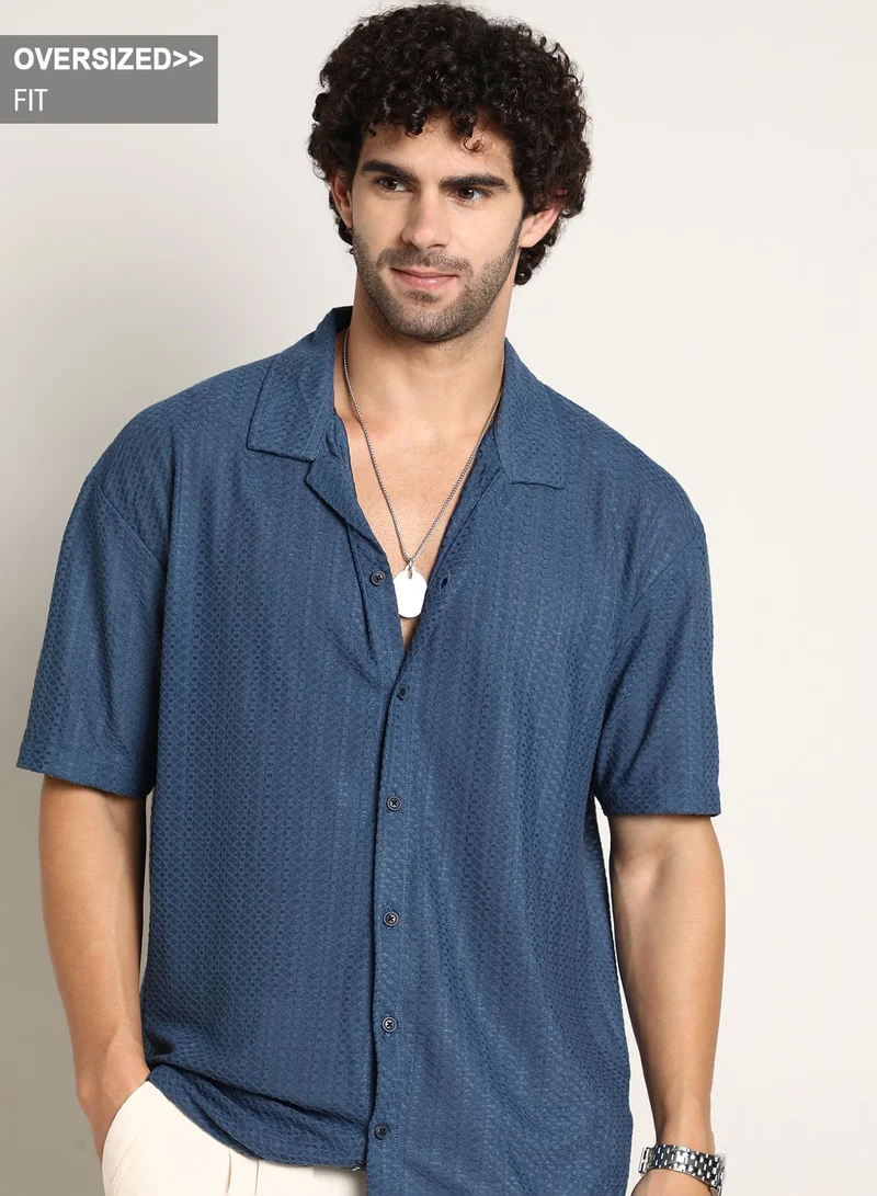 Campus Sutra Campus Sutra Men's Blue Zigzag-Helix Resort Oversized Shirt For Casual Wear | Cuban Collar | Short Regular Sleeves | Button Closure | Oversized Shirt Crafted With Comfort Fit For Everyday Wear