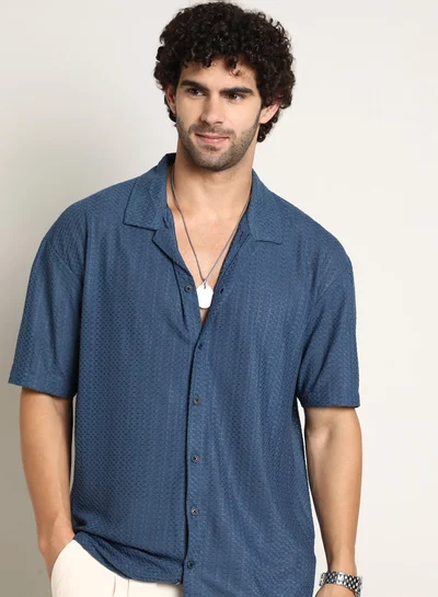 Campus Sutra Campus Sutra Men's Blue Zigzag-Helix Resort Oversized Shirt For Casual Wear | Cuban Collar | Short Regular Sleeves | Button Closure | Oversized Shirt Crafted With Comfort Fit For Everyday Wear