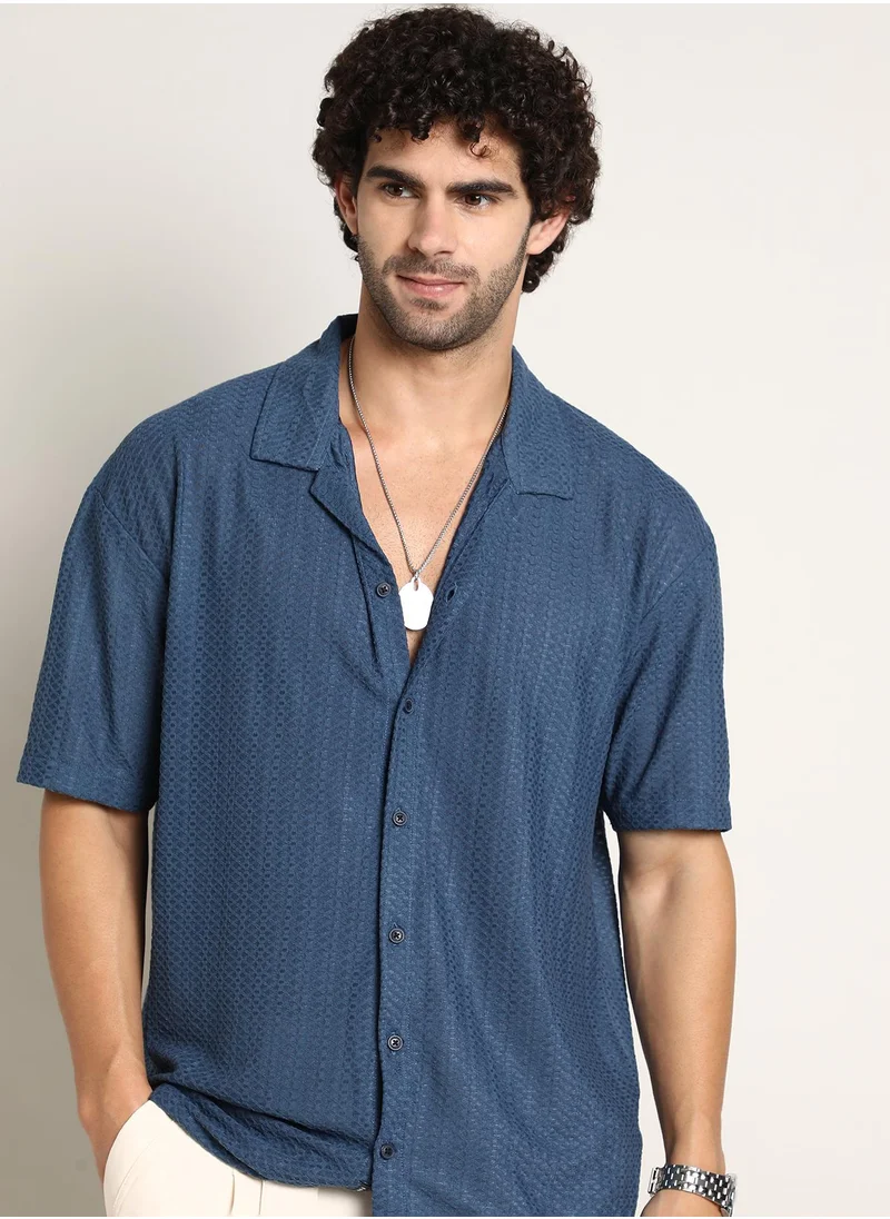 Campus Sutra Men's Admiral Blue Zigzag-Helix Resort Oversized Shirt
