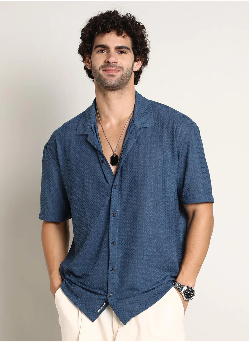 Campus Sutra Men's Admiral Blue Zigzag-Helix Resort Oversized Shirt