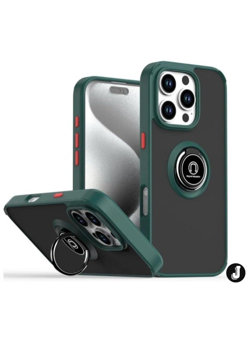 JAJEEK iPhone 16 Pro Max Case Cover – Green Matte Shockproof Bumper with Metal Ring Holder Kickstand & Car Magnetic Mount - Image 1