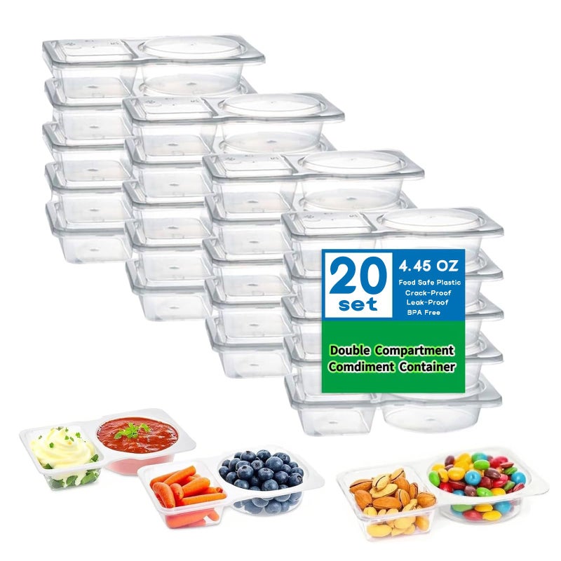 DADAB 20 Sets Reusable Snack Containers with Lids - 2-Compartment Portion Control Containers for Snacks, Condiments, Dips, and Sauces - Leak-Proof, Ideal for Road Trips, Lunchboxes, and Travel - Image 1