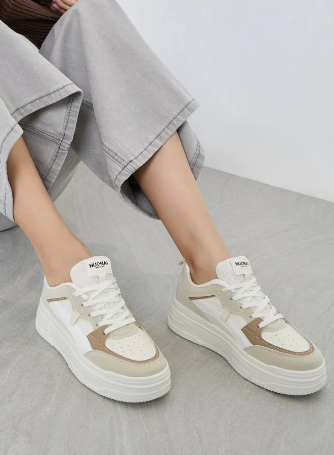 Styli Active Beige Contrast Panel Flatform Sneakers
