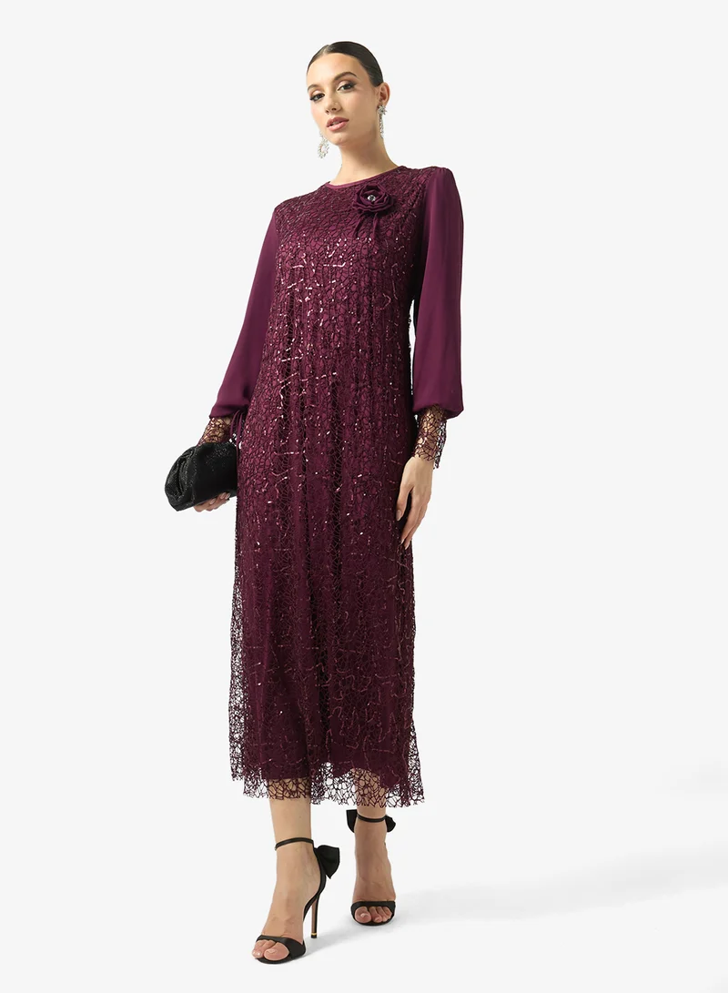 FYOR  Embellished Sheer Sleeve Midi Dress for Women | Best Price UAE