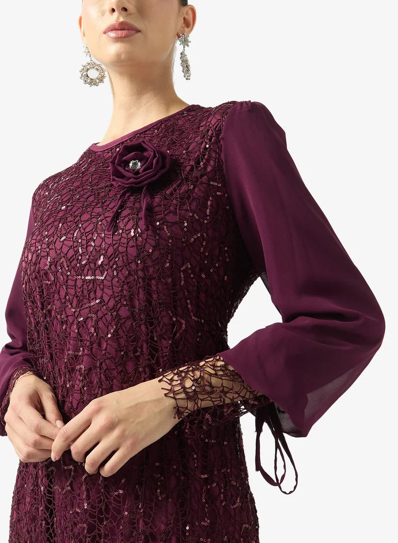 FYOR  Embellished Sheer Sleeve Midi Dress for Women | Best Price UAE
