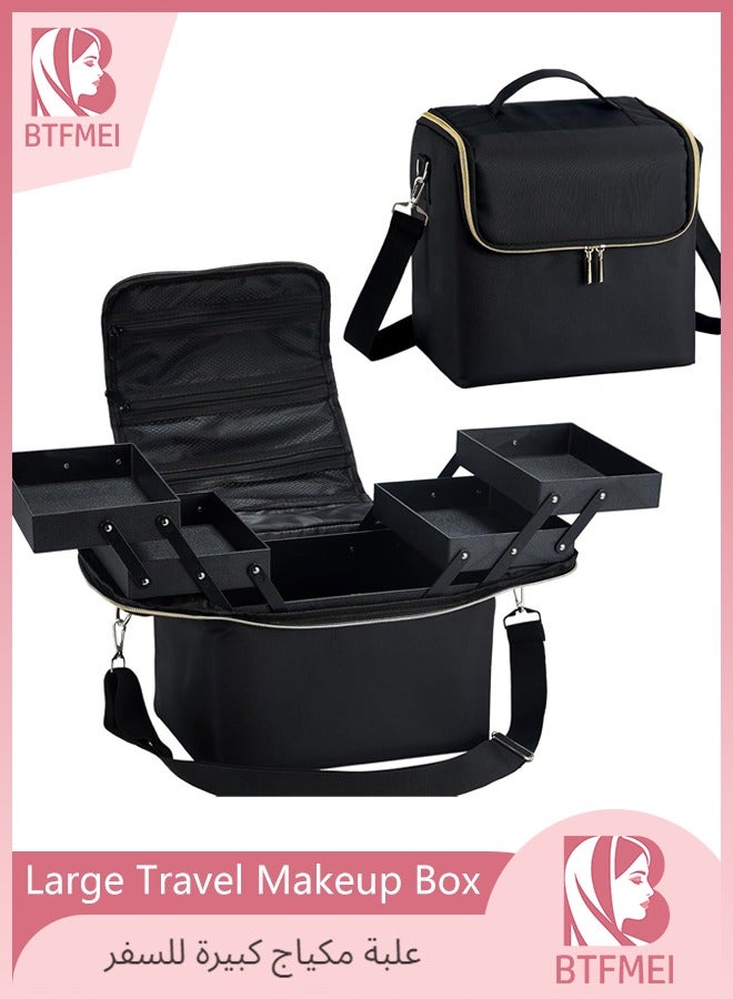 BTFMEI Large Travel Makeup Box, Big Makeup Bag Organizer Makeup Box,4 Tier Professional Cosmetic Storage Cases for Nail Tech Tattoo Storage Bag for Equipment and Supplies (Black) - Image 1