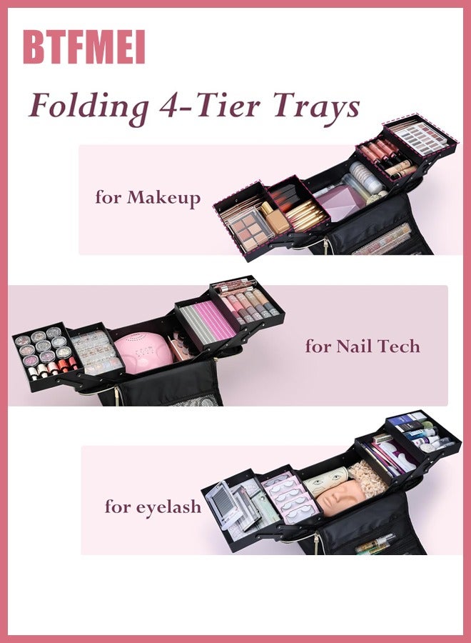 BTFMEI Large Travel Makeup Box, Big Makeup Bag Organizer Makeup Box,4 Tier Professional Cosmetic Storage Cases for Nail Tech Tattoo Storage Bag for Equipment and Supplies (Black) - Image 2