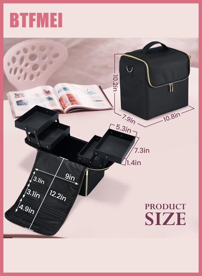 BTFMEI Large Travel Makeup Box, Big Makeup Bag Organizer Makeup Box,4 Tier Professional Cosmetic Storage Cases for Nail Tech Tattoo Storage Bag for Equipment and Supplies (Black) - Image 5