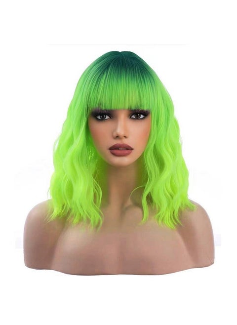 Ombre Green Wigs For Women 14 Inches Short Wavy Neon Green Wig With Bangs Fluorescent Green Short Wigs For Cosplay Party Daily Wigs Wig Cap Included