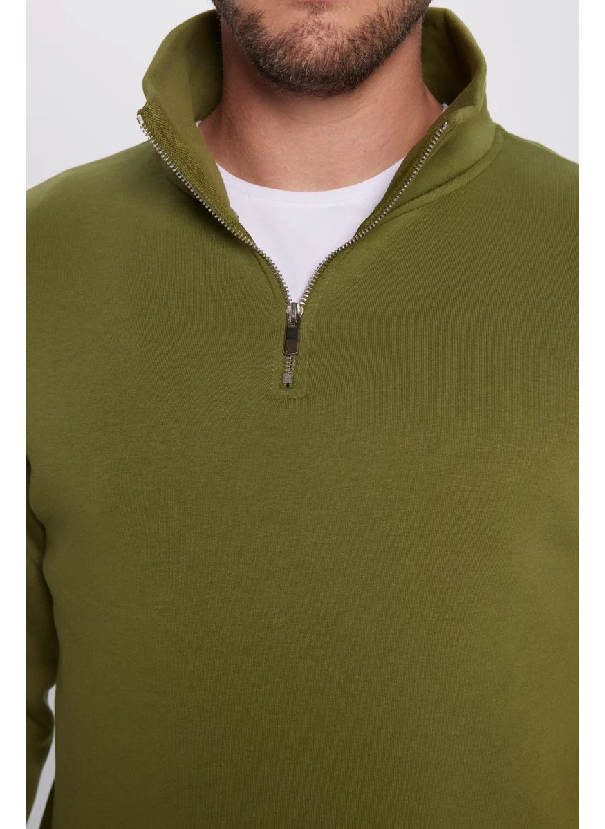 Tudors Unisex Relax Fit Comfortable Cut Cotton Fleece Inside Half Zipper Khaki Stand Collar Sweatshirt
