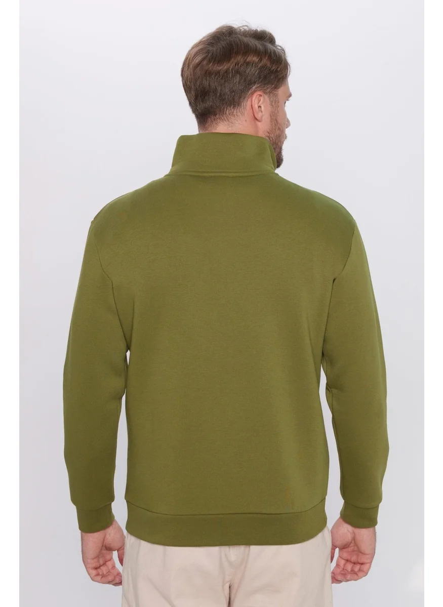Tudors Unisex Relax Fit Comfortable Cut Cotton Fleece Inside Half Zipper Khaki Stand Collar Sweatshirt