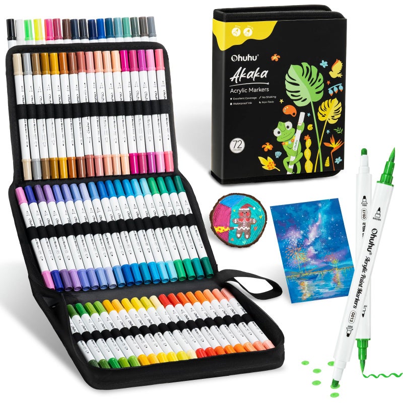 Ohuhu Acrylic Paint Markers Dual Tips 72 Colors Brush Dot Paint Pens High Opacity Acrylic Markers Waterproof Lightfast for Rock Painting 3D Prints Egg Wood Glass Ceramic DIY Crafts Akaka - Image 3