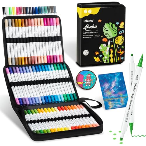 Ohuhu Acrylic Paint Markers Dual Tips 72 Colors Brush Dot Paint Pens High Opacity Acrylic Markers Waterproof Lightfast for Rock Painting 3D Prints Egg Wood Glass Ceramic DIY Crafts Akaka - Image 1