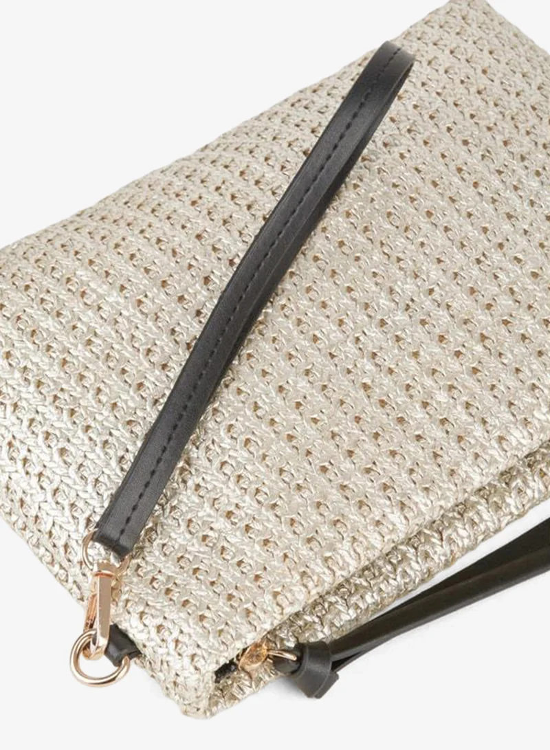 Women's Bellus Woven Straw Gold Lined Synthetic Leather Wrist Strap Portfolio Handbag and Clutch